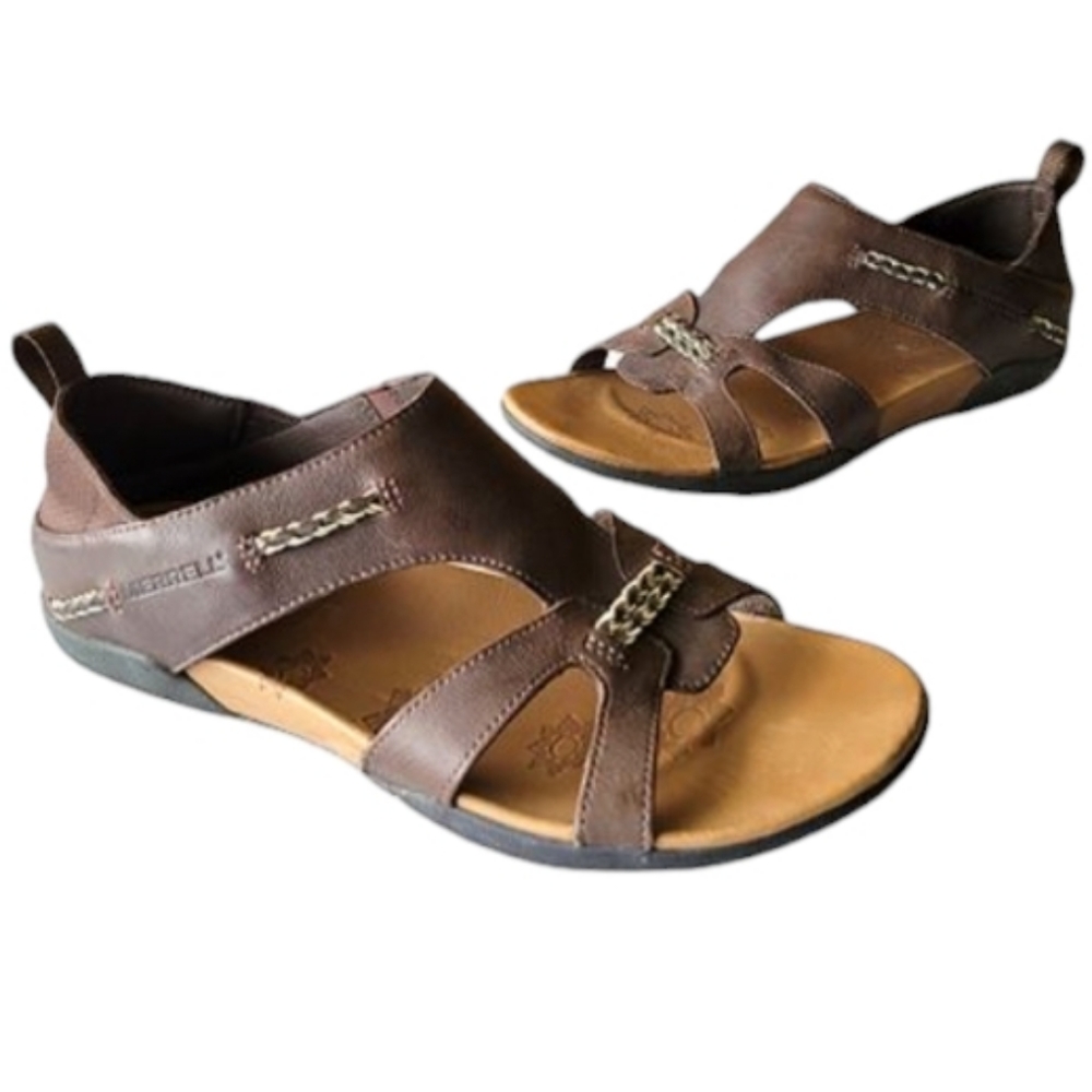 NEW Merrell Women's 8 "Flaxen" Espresso Brown Leather Strap Sandals